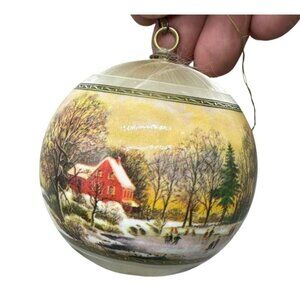vintage Currier & Ives Satin Ball Christmas Ornaments Early Winter 3" white tree